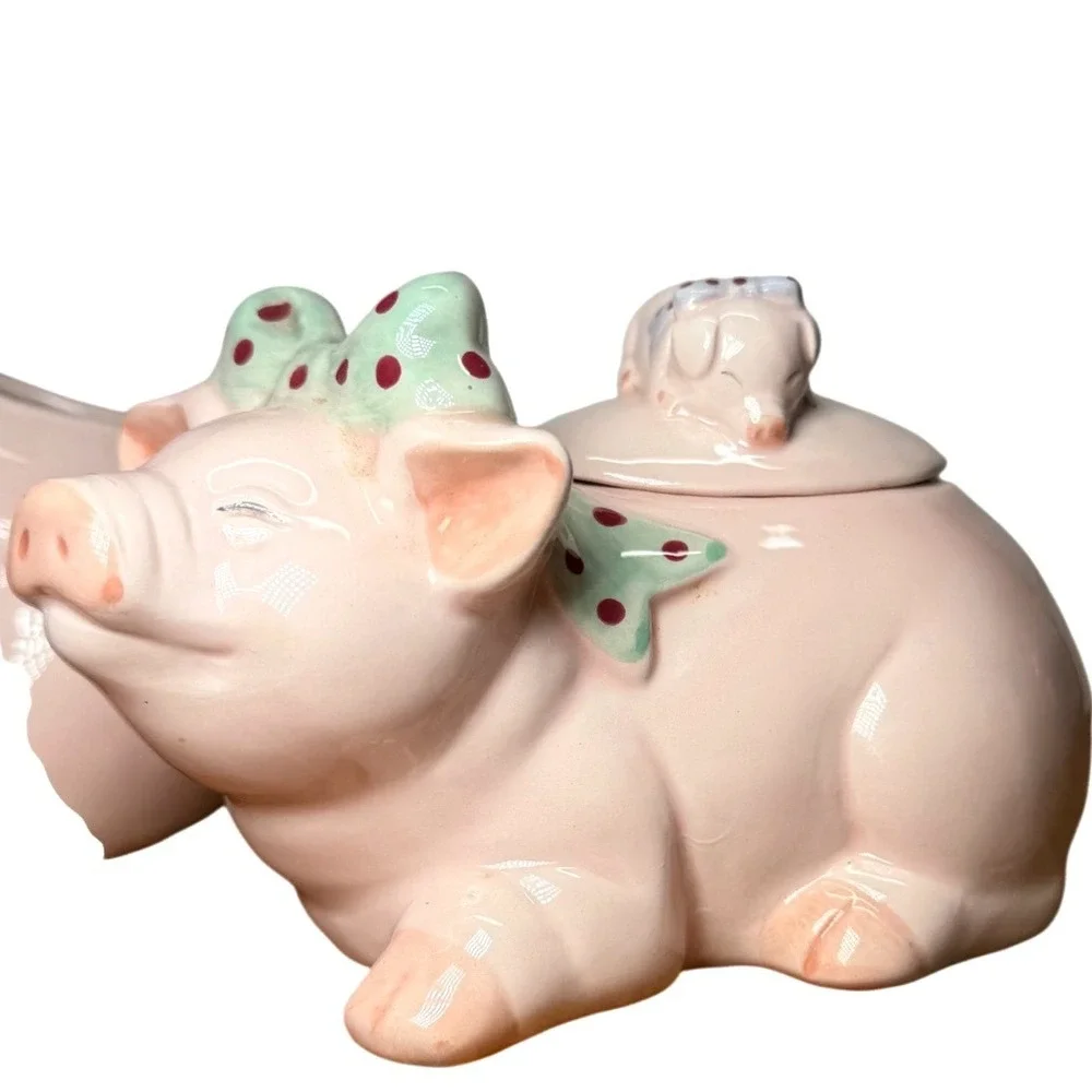Vintage Pig Creamer and Sugar Bowl Set‎ Pink Ceramic Polka Dot Bows Farmhouse